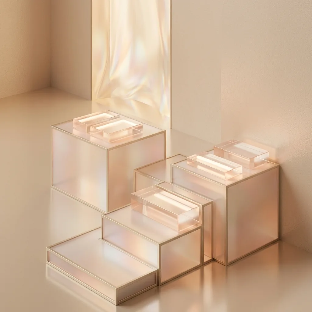 Blocs de verre dépoli cerclés de laiton, disposés en escalier devant un voile lumineux