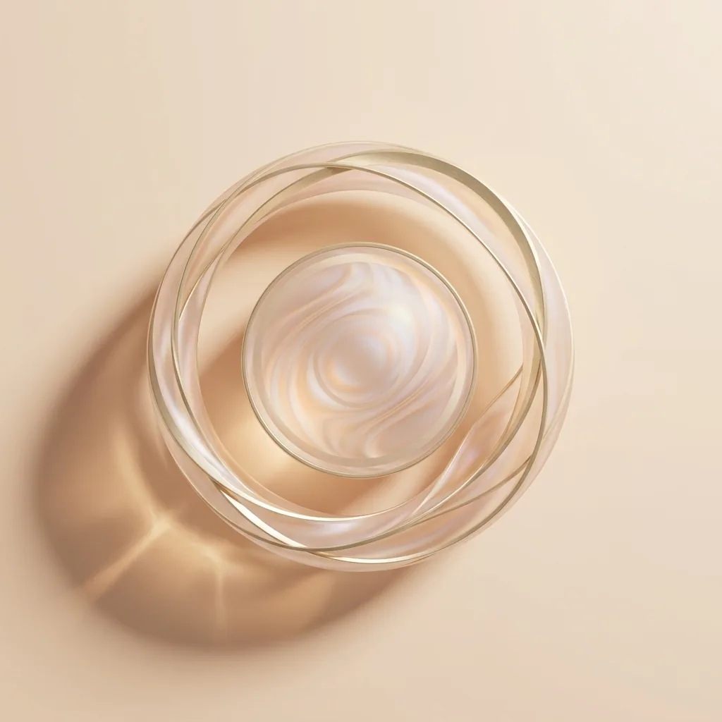 Anneaux d'or et de verre entrelacés vus de haut, disque nacré au centre