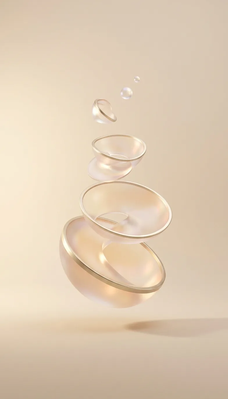 Hémisphères de verre dépoli cerclés d'or, suspendus en équilibre au-dessus de bulles